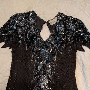 Vintage Black Beaded Sequin Silk Dress - Size 6